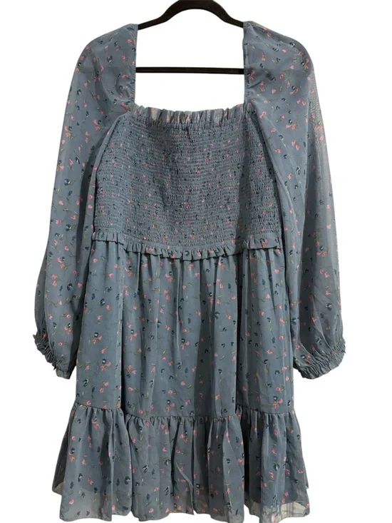 BLUE FLORAL SMOCKED TIERED LONG SLEEVE MINI DRESS SIZE XL - Picture 3 of 3